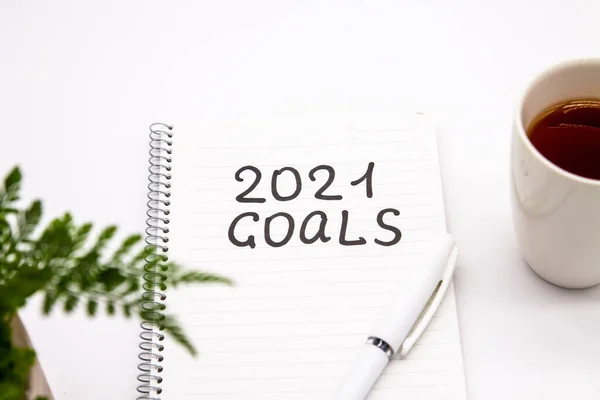 Roślina, długopis i notatnik z 2021 bramek napis na białym tle, koncepcja noworoczna widok z góry — Zdjęcie stockowe