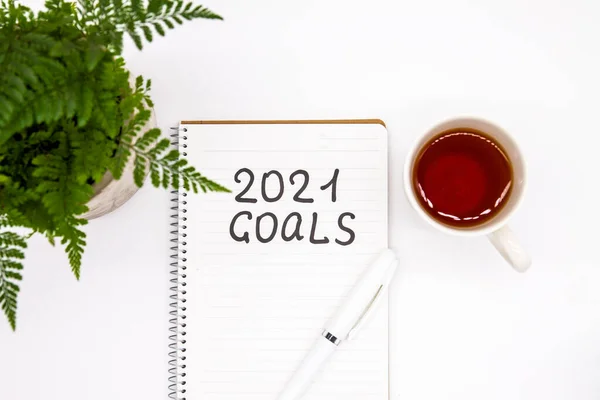 Växt, penna och anteckningsblock med 2021 mål inskription på vit bakgrund, nytt år koncept ovanifrån — Stockfoto