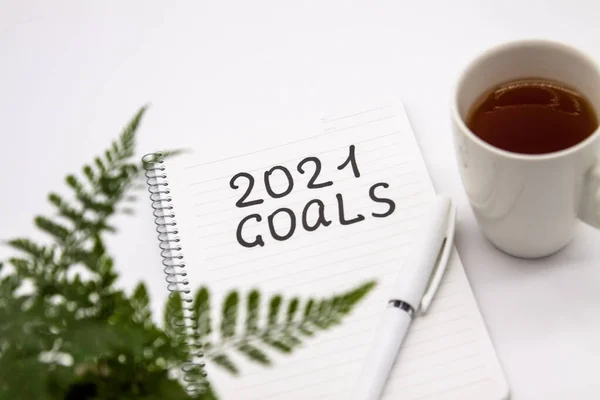 Växt, penna och anteckningsblock med 2021 mål inskrift på vit bakgrund, nyårskoncept — Stockfoto