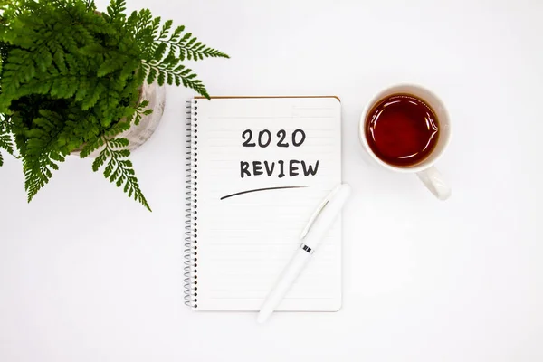 Planta, bolígrafo y bloc de notas con inscripción de revisión 2020 sobre fondo blanco, concepto de año nuevo Imagen de stock