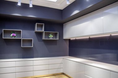 Basit modern mutfak iç mimarisi, yeni boş mutfak manzarası.