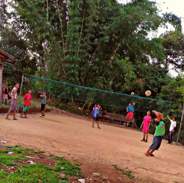 Sahada voleybol oynayan bir grup insan.