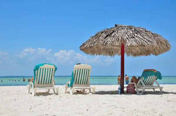 Sonnenliegen am Strand in Meeresnähe. — Stockfoto