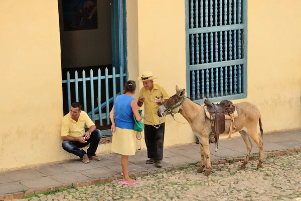 Tres personas con burro en Trinidad, Cuba en mayo 3, 2014 - Esbozo de género con un burro . —  Fotos de Stock