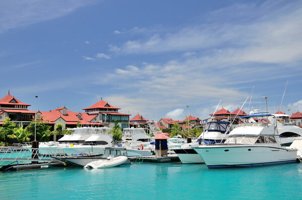 Luxury yachts in marina of Eden Island, Seychelles.