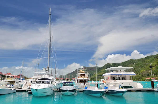Yates de lujo en el puerto deportivo de Eden Island, Seychelles . Imágenes De Stock Sin Royalties Gratis