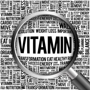 Büyüteç ile vitamin kelime bulutu