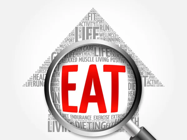 EAT arrow word cloud with magnifying glass — Stock Photo, Image