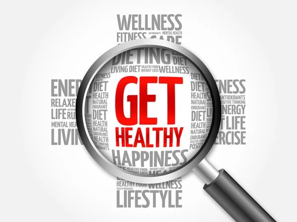 Get Healthy word cloud with magnifying glass — Stock Photo, Image