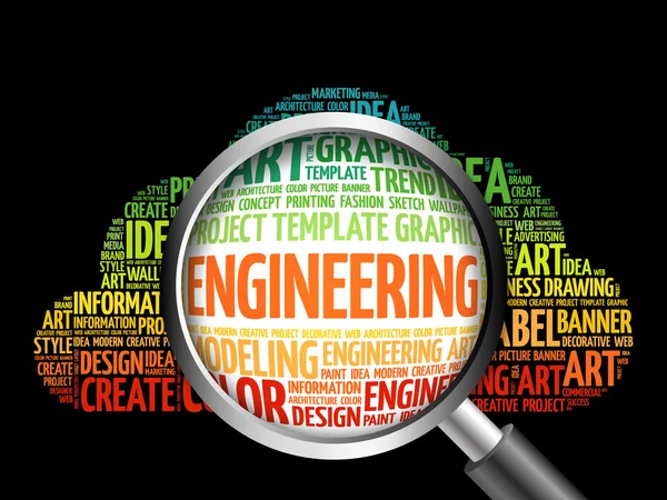 Engineering word cloud med förstoringsglas — Stockfoto