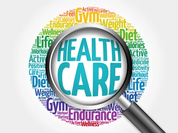 Health care word cloud with magnifying glass — Stock Photo, Image