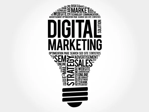 Nube di parola di Digital Marketing lampadina — Vettoriale Stock