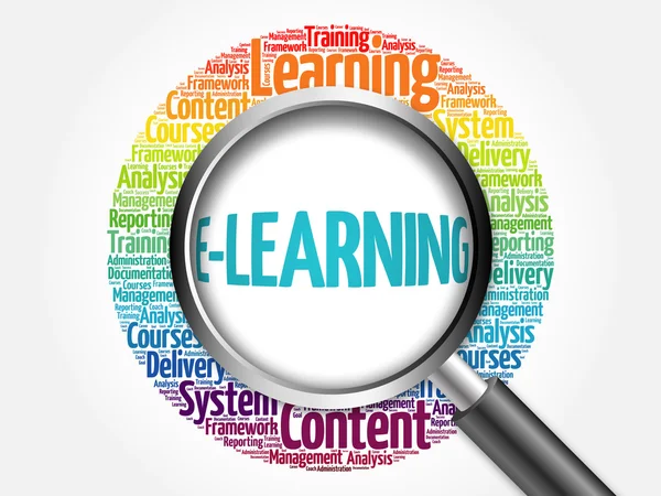 E-Learning σύννεφο λέξεων με μεγεθυντικό φακό — Φωτογραφία Αρχείου