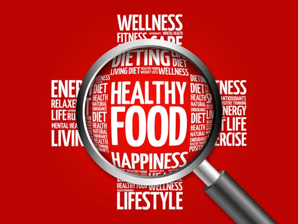 Healthy Food word cloud with magnifying glass — Stock Photo, Image