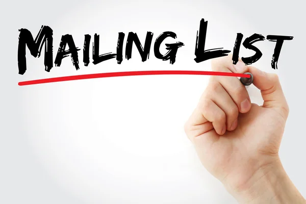 Mailing List escrita à mão com marcador vermelho — Fotografia de Stock
