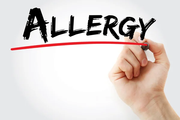 Hand writing Allergy with red marker — Stock Photo, Image