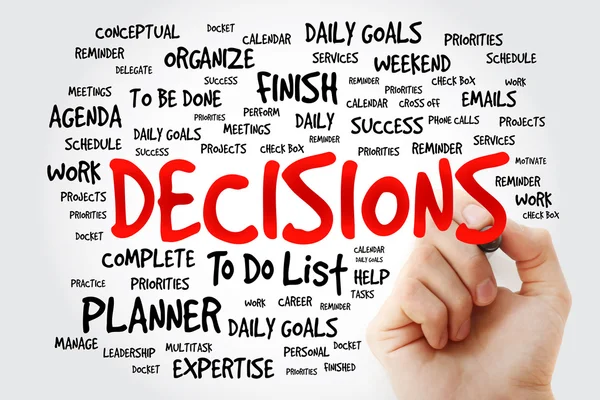 Hand writing DECISIONS word cloud — Stock Photo, Image