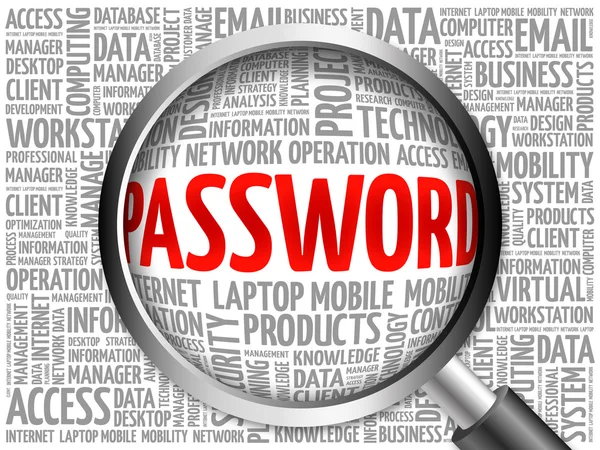 Password word cloud with magnifying glass — Stock Photo, Image