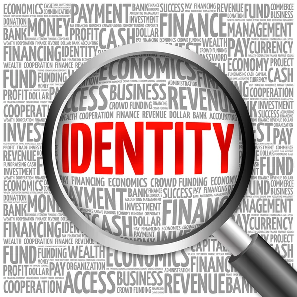 Identitás szó felhő nagyítóval — Stock Fotó