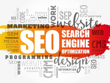 SEO (Arama Motoru İyimsemesi) kelime bulut kolajı, teknoloji konsepti arkaplan