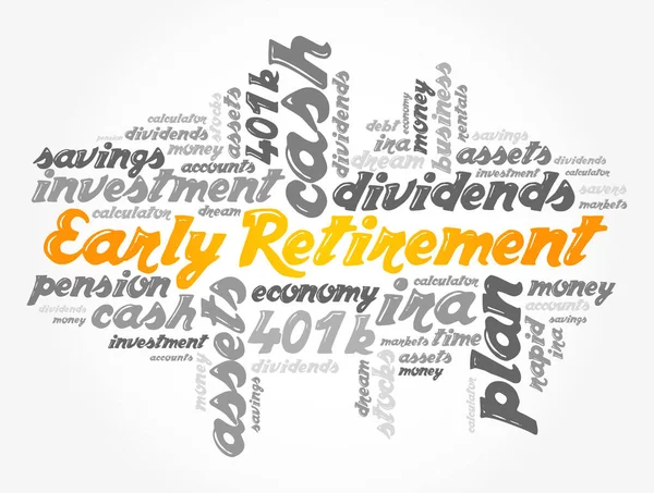 Early Retirement Woord Cloud Collage Met Grote Termen Zoals Investeringen — Stockvector