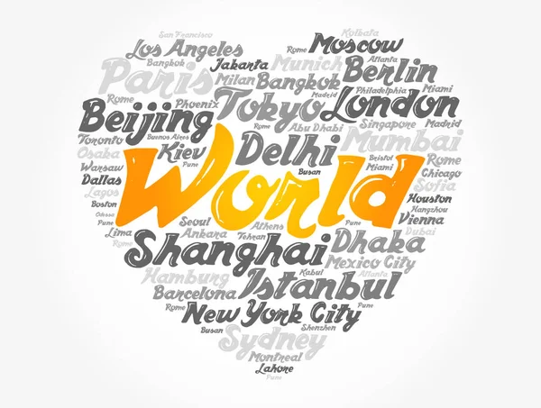 Seznam Měst Světě Složených Lásce Znamení Srdce Tvar Slovo Cloud — Stockový vektor