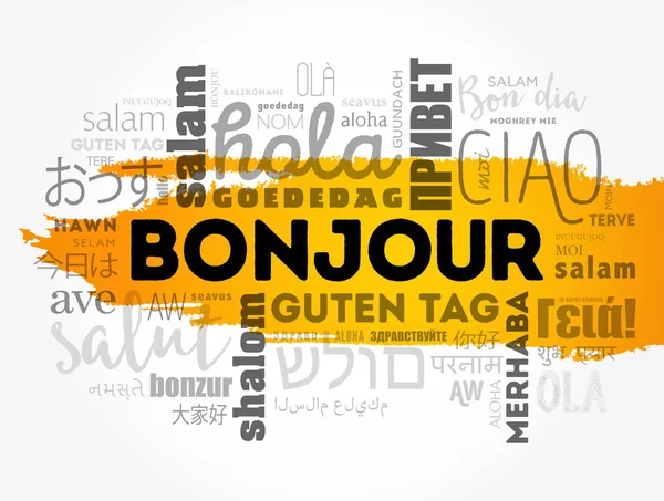 Bonjour Bonjour Salut Français Nuage Mots Dans Différentes Langues Monde — Image vectorielle