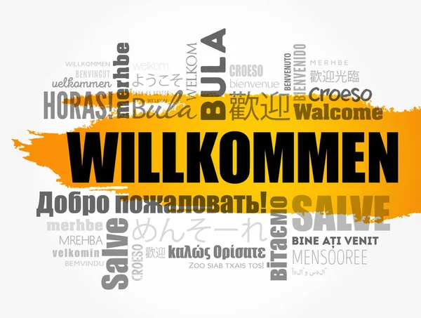 Willkommen Welcome German Word Cloud Different Languages Conceptual Background — Stock Vector