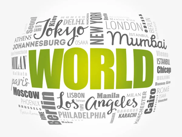 World Word Cloud Concept Made Words Noms Villes Contexte Concept — Image vectorielle