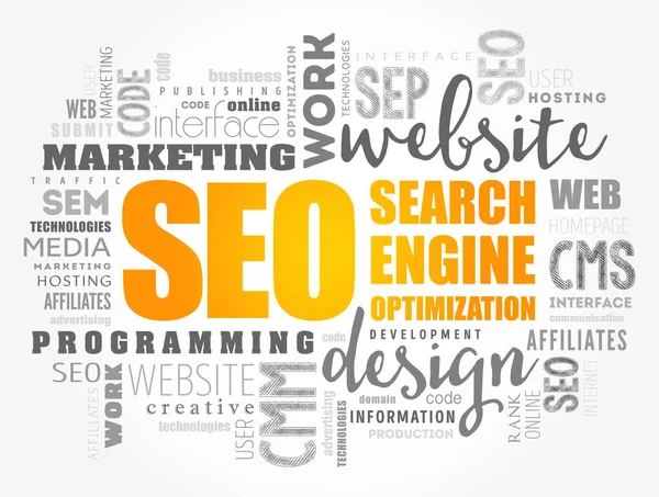 Seo Search Engine Optimization Word Cloud Collage Background Concettuale Tecnologico — Vettoriale Stock