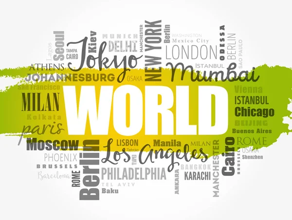 World Word Cloud Concept Made Words Noms Villes Contexte Concept — Image vectorielle