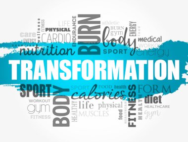 TRANSformasyon kelime bulut, fitness, spor, sağlık konsepti