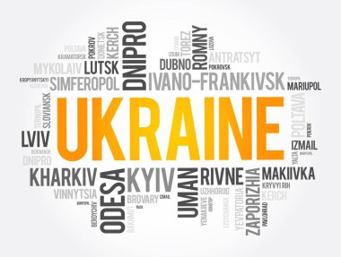 Ukrayna kelime kolajı, iş ve seyahat konsepti geçmişindeki şehirlerin listesi