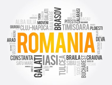 Romanya 'daki şehirlerin listesi kelime kolajı, iş ve seyahat kavramı geçmişi
