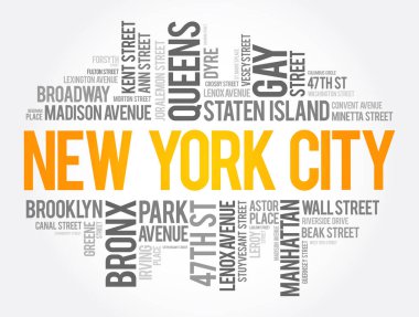 New York sokaklarının listesi, kelime bulut kolajı, iş ve seyahat konsepti geçmişi