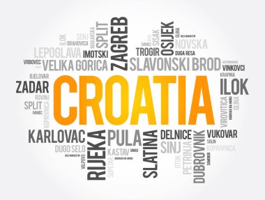 Hırvatistan 'daki şehir ve kasabaların listesi, kelime bulut kolajı, iş ve seyahat kavramı geçmişi