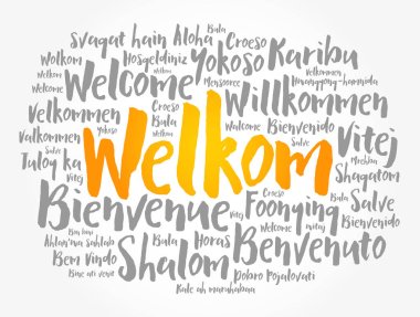 Welkom (Welcome in Afrikaans) word cloud in different languages, conceptual background clipart