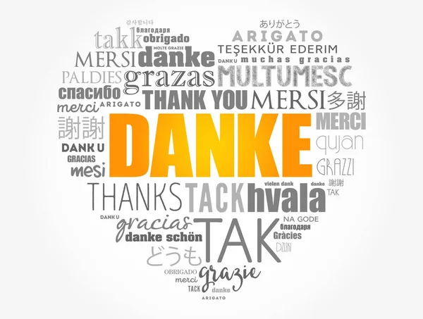 Danke Grazie Tedesco Love Heart Word Cloud Diverse Lingue — Vettoriale Stock