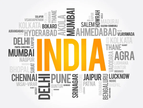 Seznam Měst Indii Slovní Koláž Obchodní Cestovní Koncepce Pozadí — Stockový vektor