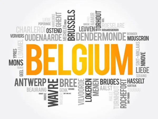 Lista Ciudades Pueblos Bélgica Palabra Nube Collage Business Travel Concept — Vector de stock