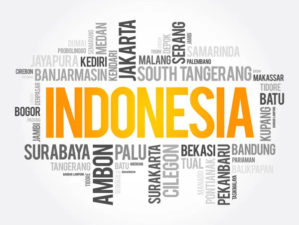Lista Ciudades Pueblos Indonesia Palabra Nube Collage Business Travel Concept — Vector de stock