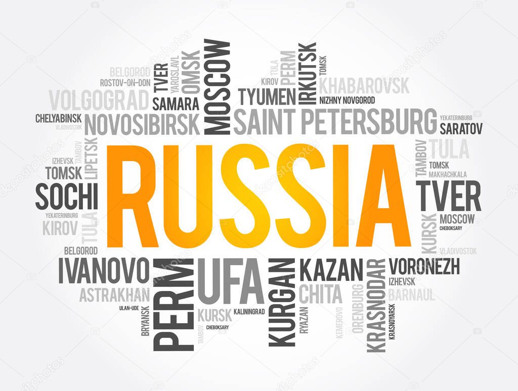 List of cities and towns in Russia, word cloud collage, business and travel concept background