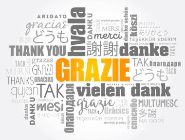 Grazie (İtalyanca Teşekkür) kelime bulut arkaplanı farklı dillerde