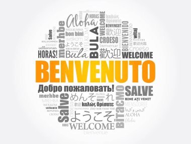 Benvenuto (İtalyanca Hoşgeldiniz) kelime bulutu farklı dillerde, kavramsal arka planda