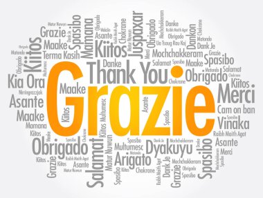 Grazie (İtalyanca Teşekkür) kelime bulut arkaplanı farklı dillerde