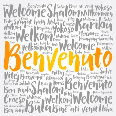 Benvenuto (İtalyanca Hoşgeldiniz) kelime bulutu farklı dillerde, kavramsal arka planda