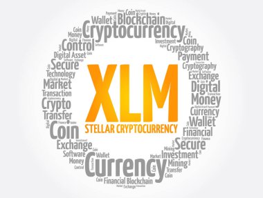 XLM veya Stellar kripto para birimi kelime bulut kolajı, iş konsepti arka plan