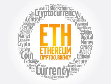 TH veya Ethereum şifreleme madeni para kelime bulut kolajı, iş konsepti arka plan