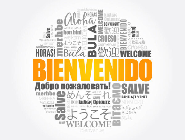 Bienvenido (Welcome in Spanish) word cloud in different languages, conceptual background
