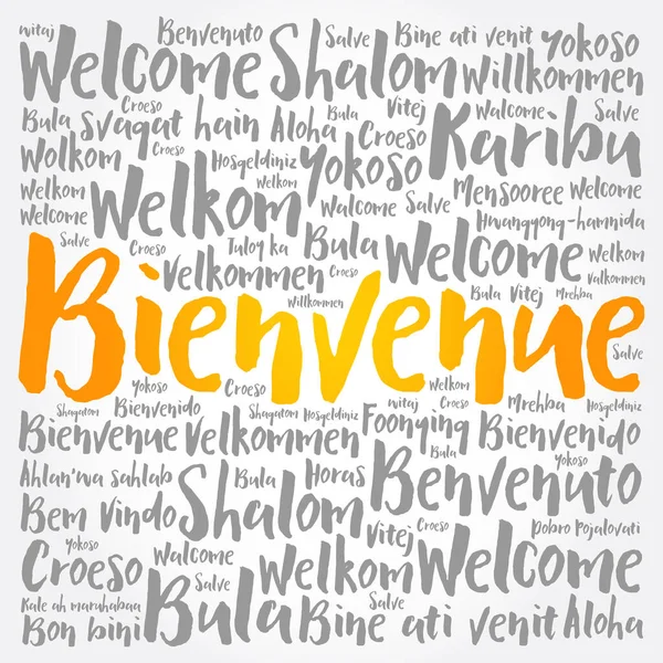 Bienvenue Welcome French Nuvem Palavras Diferentes Idiomas Fundo Conceitual —  Vetores de Stock